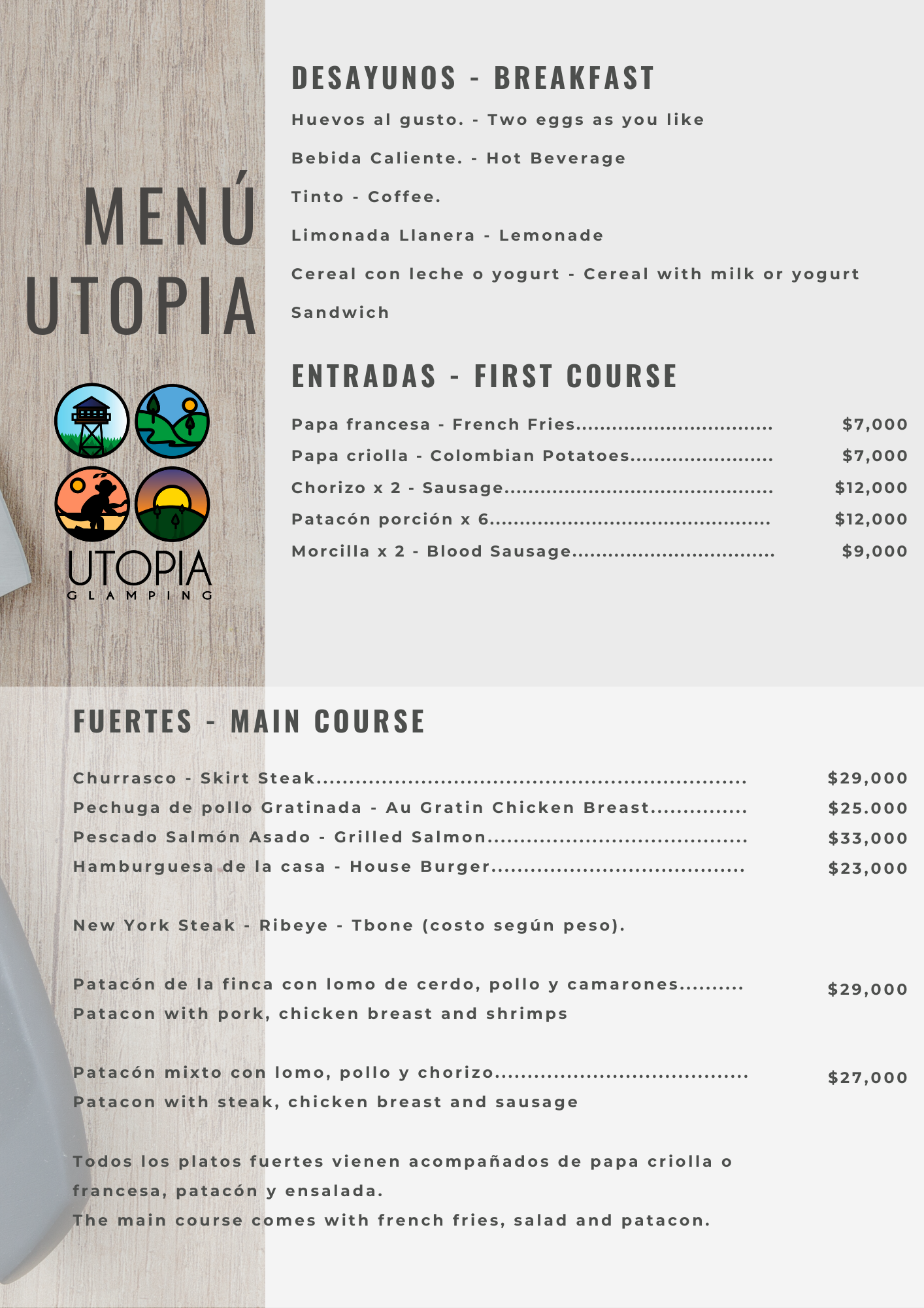 Platos a la carta menu utopia
